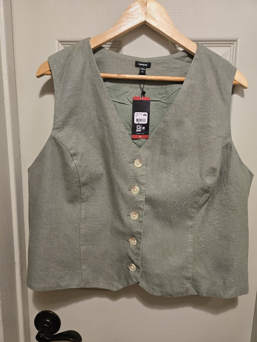 Express Women's Linen Button-Front Sleeveless Vest Top in Olive Green Sz XL